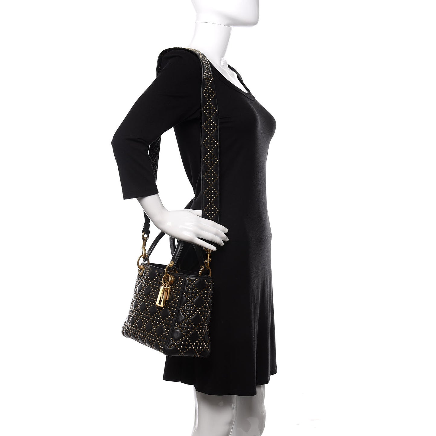Calfskin Cannage Studded Medium Supple Lady Dior Black