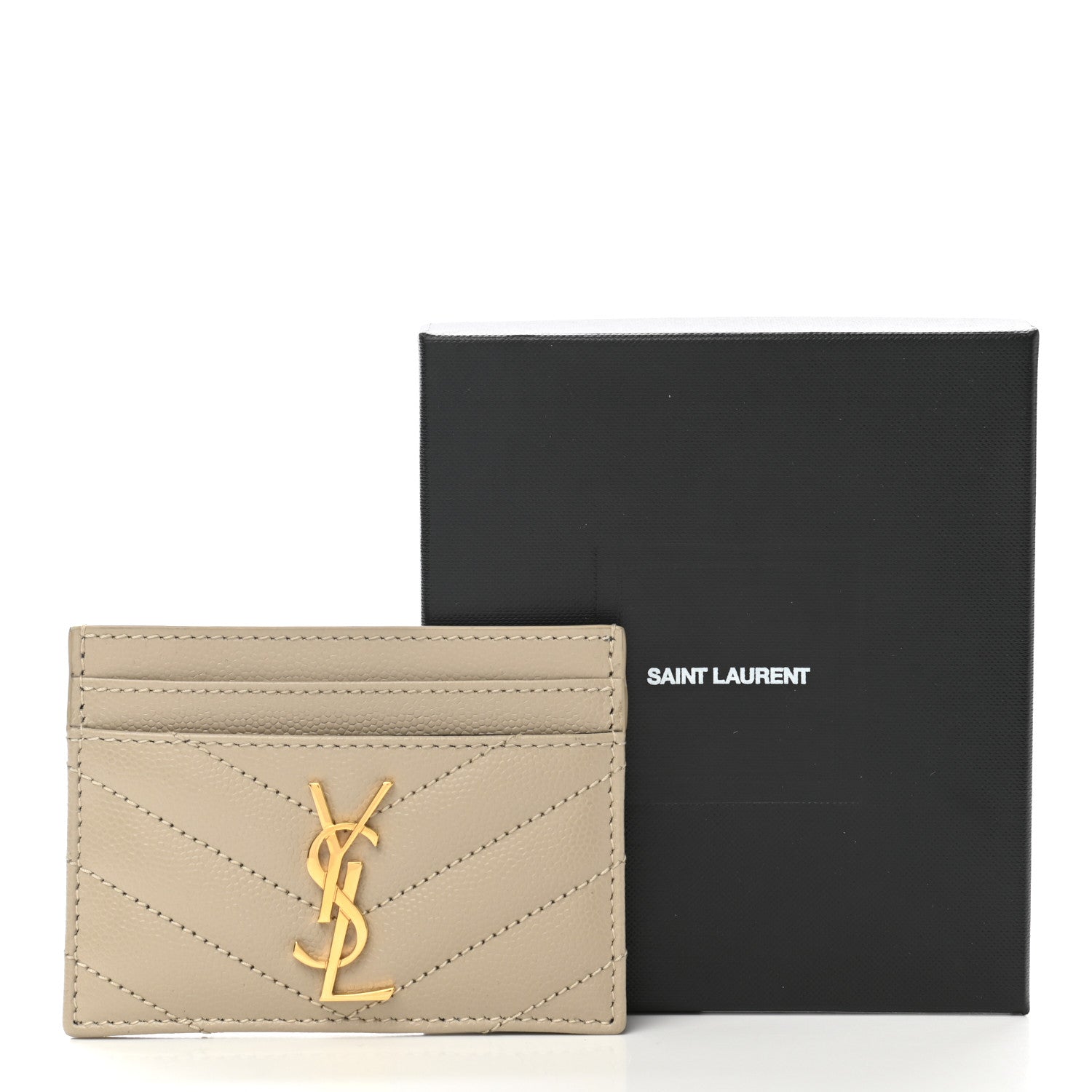Saint Laurent Grain De Poudre Matelasse Chevron Monogram Credit Card Case Sea Salt 9 of 9