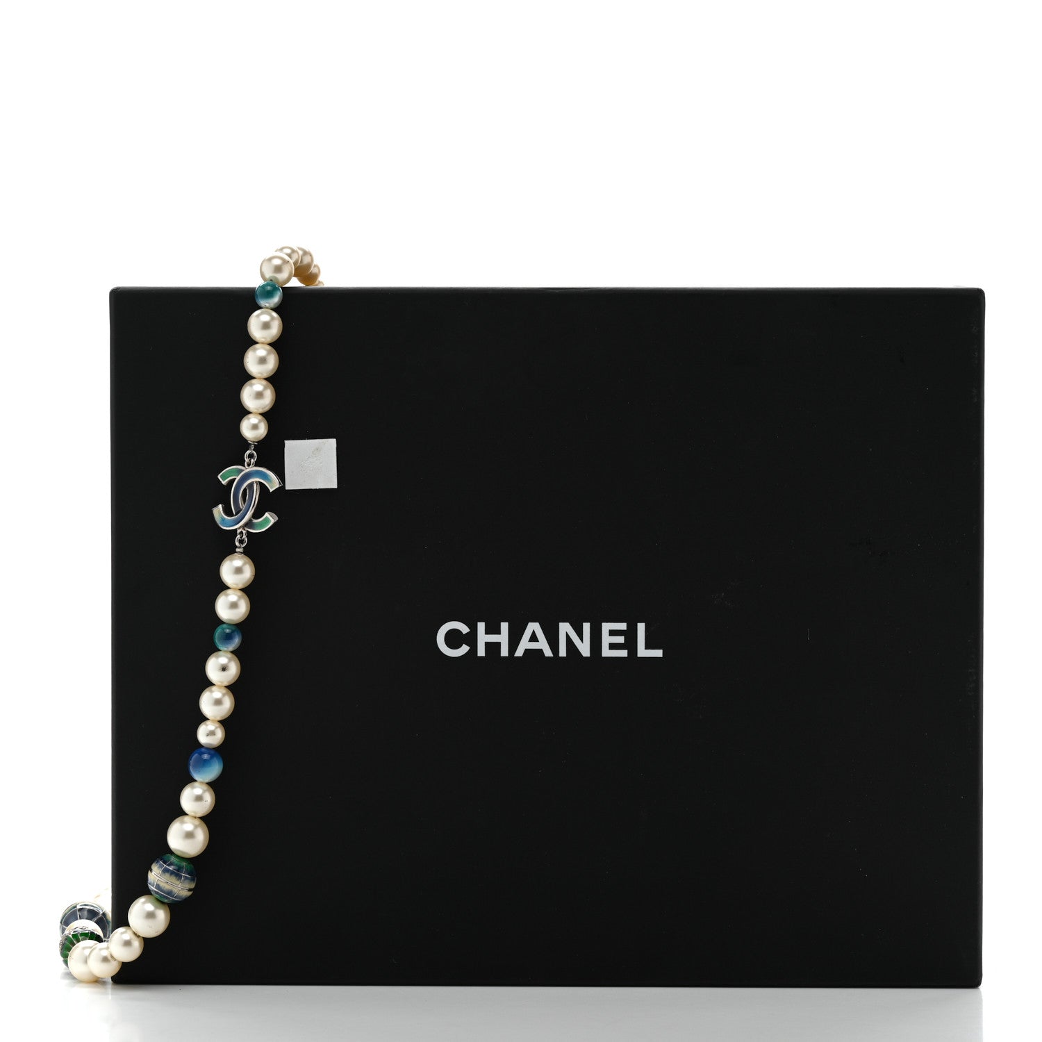 Chanel Graduated Pearl Enamel Bead CC Logo Long Necklace White Blue Multicolor 7 of 7