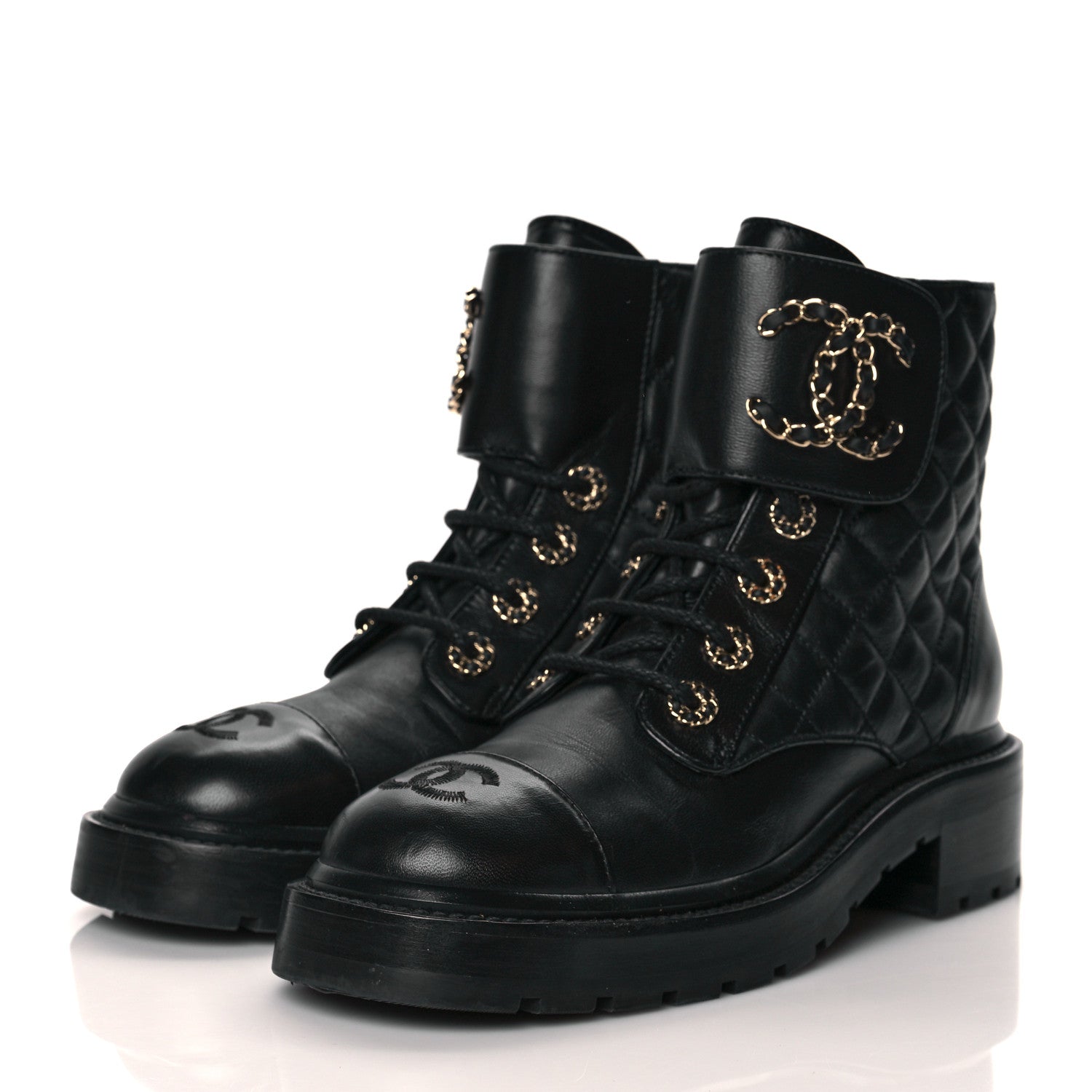Chanel Shiny Lambskin Quilted Lace Up Combat Boots 36.5 Black 3 of 11
