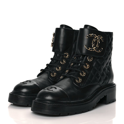 Chanel Shiny Lambskin Quilted Lace Up Combat Boots 36.5 Black 3 of 11