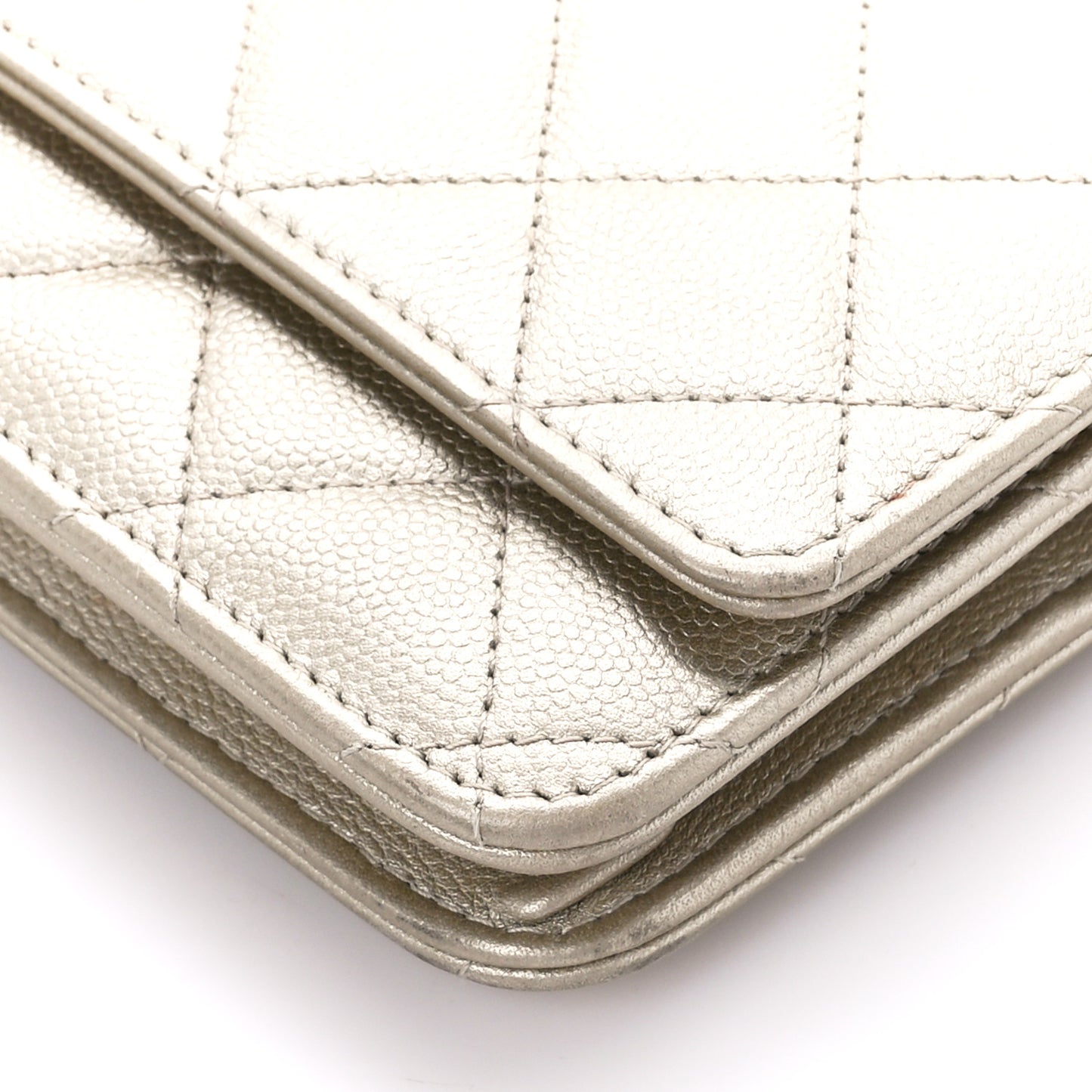 Pearly Caviar Quilted Wallet On Chain WOC Light Gold