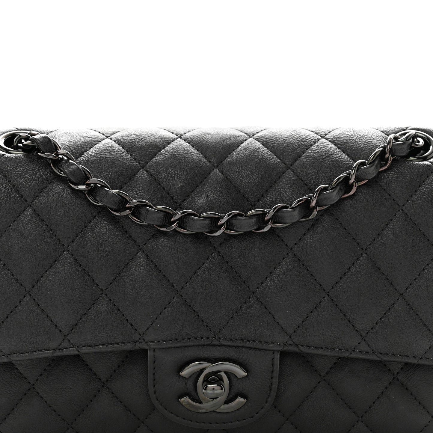 Crumpled Calfskin Quilted Medium Double Flap So Black