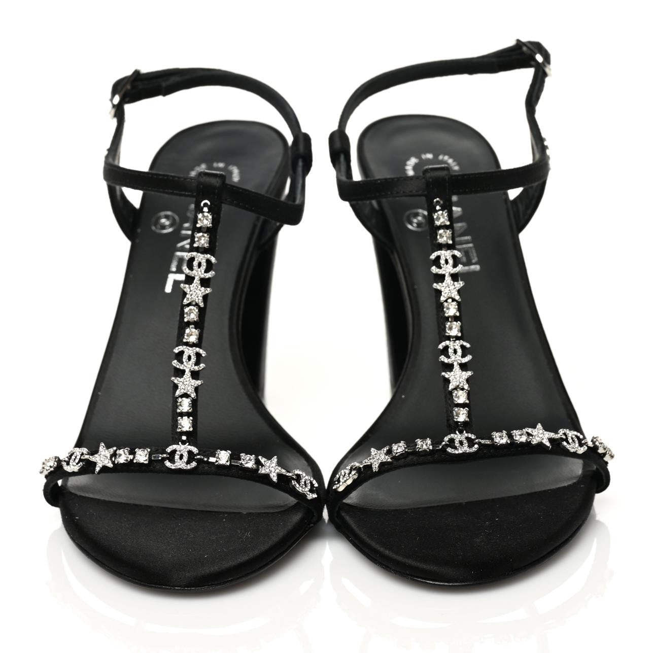 Satin Crystal Slingback Sandals 37 Black
