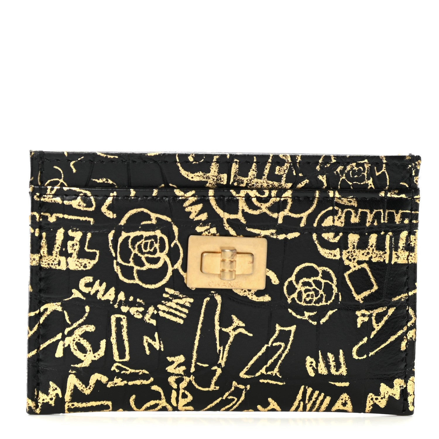 Chanel Calfskin Crocodile Embossed Graffiti 2.55 Cocodile Reissue Card Holder Black Gold 1 of 8