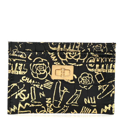 Chanel Calfskin Crocodile Embossed Graffiti 2.55 Cocodile Reissue Card Holder Black Gold 1 of 8