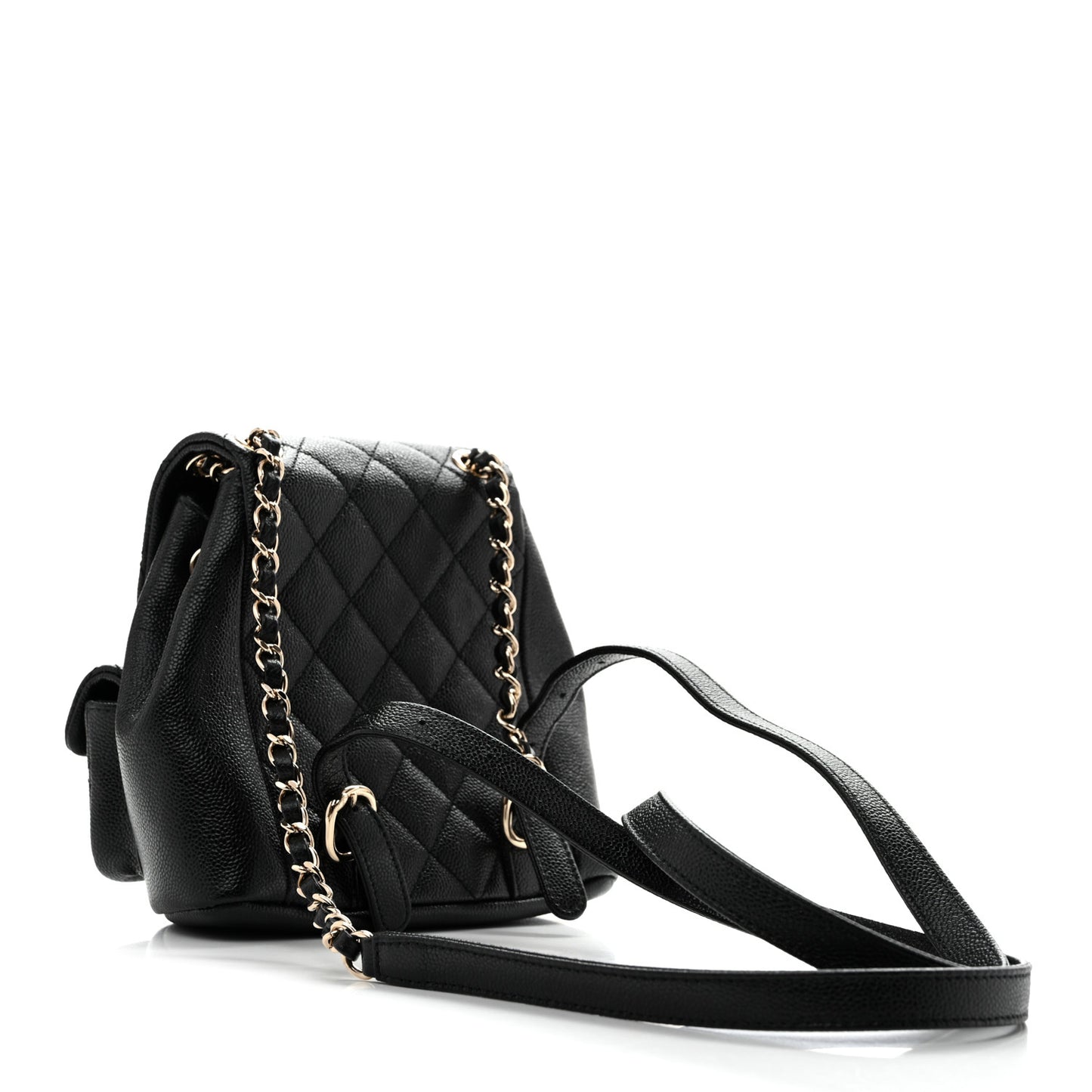 Shiny Caviar Quilted Small Duma Pockets Drawstring Backpack Black