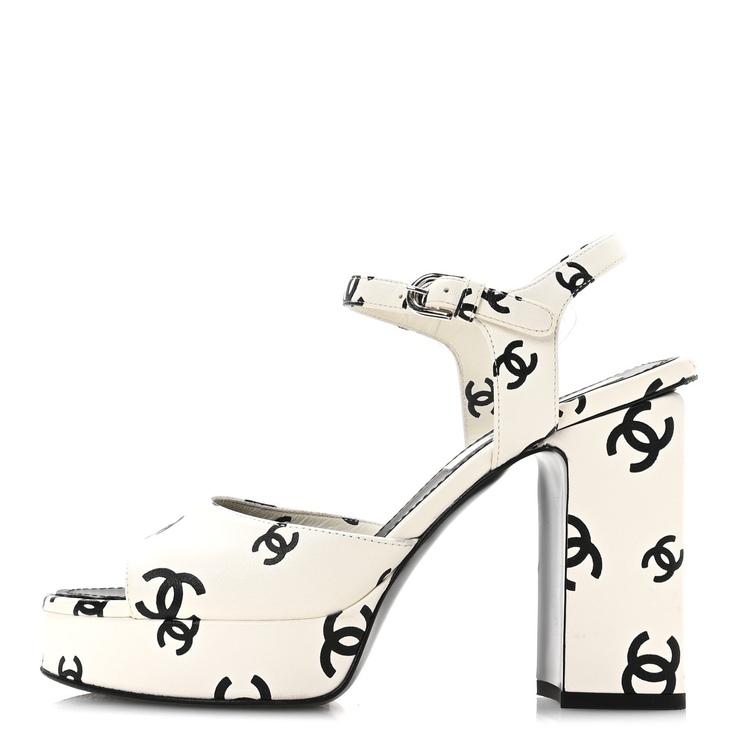 Chanel Printed Lambskin Coco Beach Platform Sandals 37 White Black 1 of 8