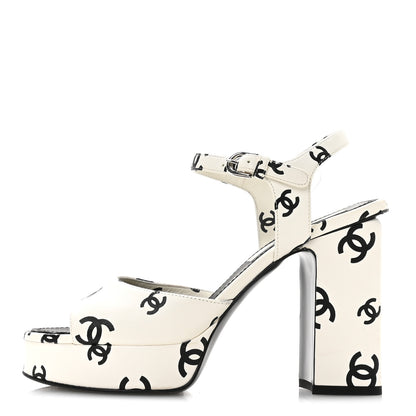 Chanel Printed Lambskin Coco Beach Platform Sandals 37 White Black 1 of 8