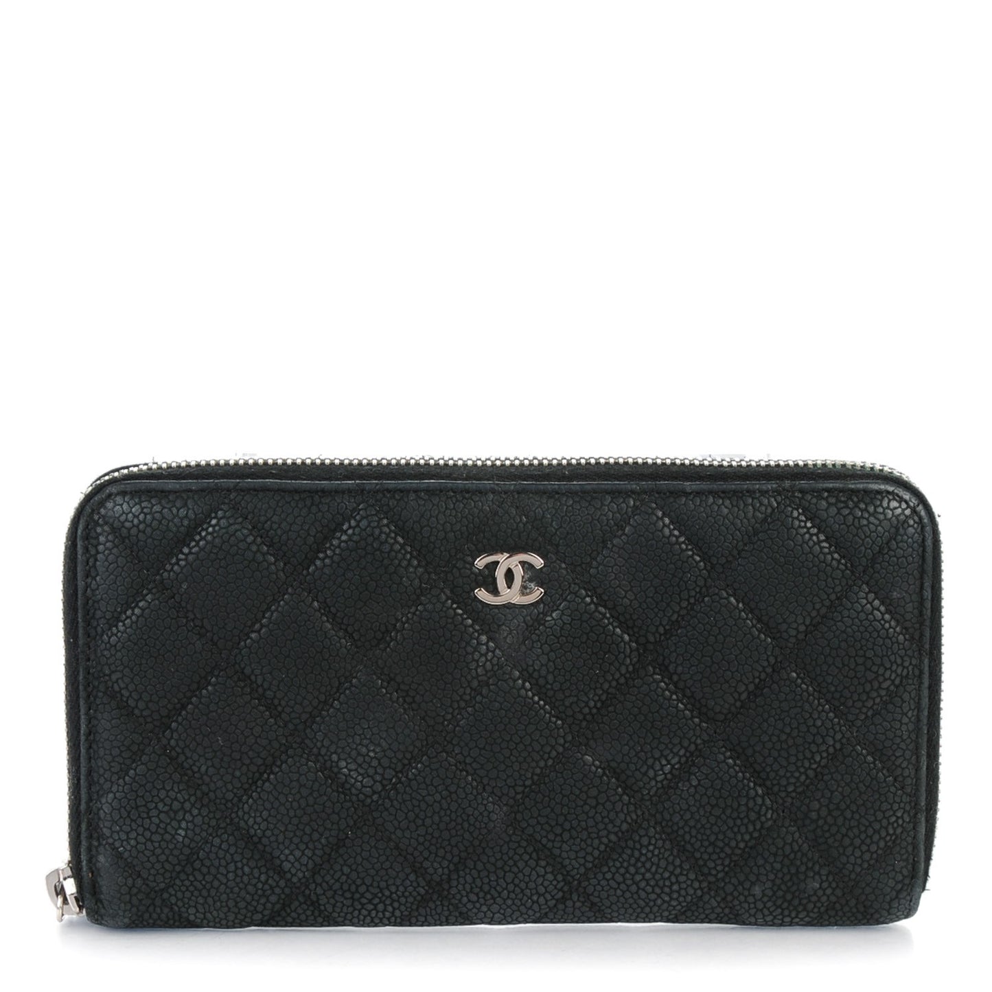 Iridescent Caviar Quilted Large Zip Around Wallet Black