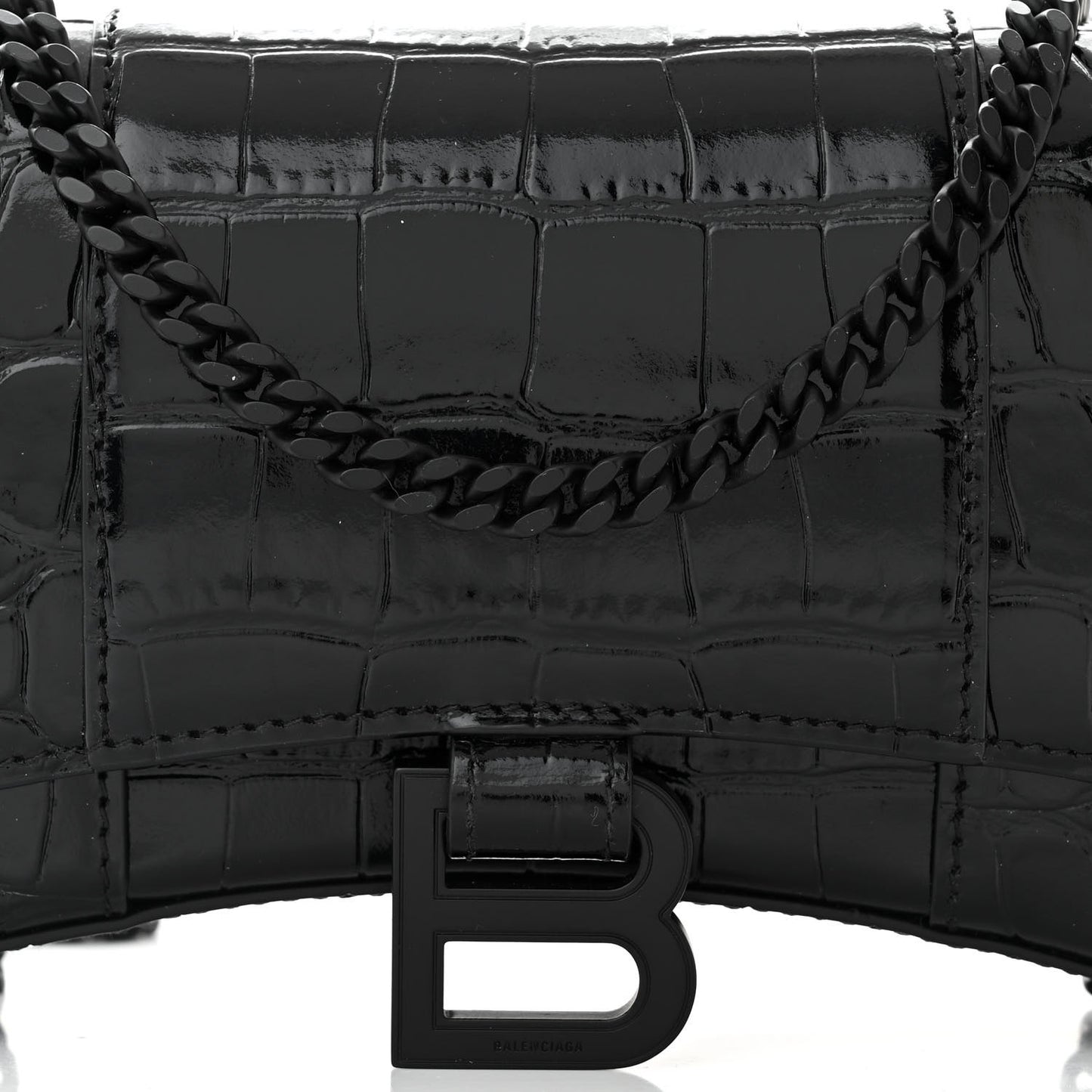 Shiny Calfskin Monochrome Crocodile Embossed Hourglass Chain Bag Black