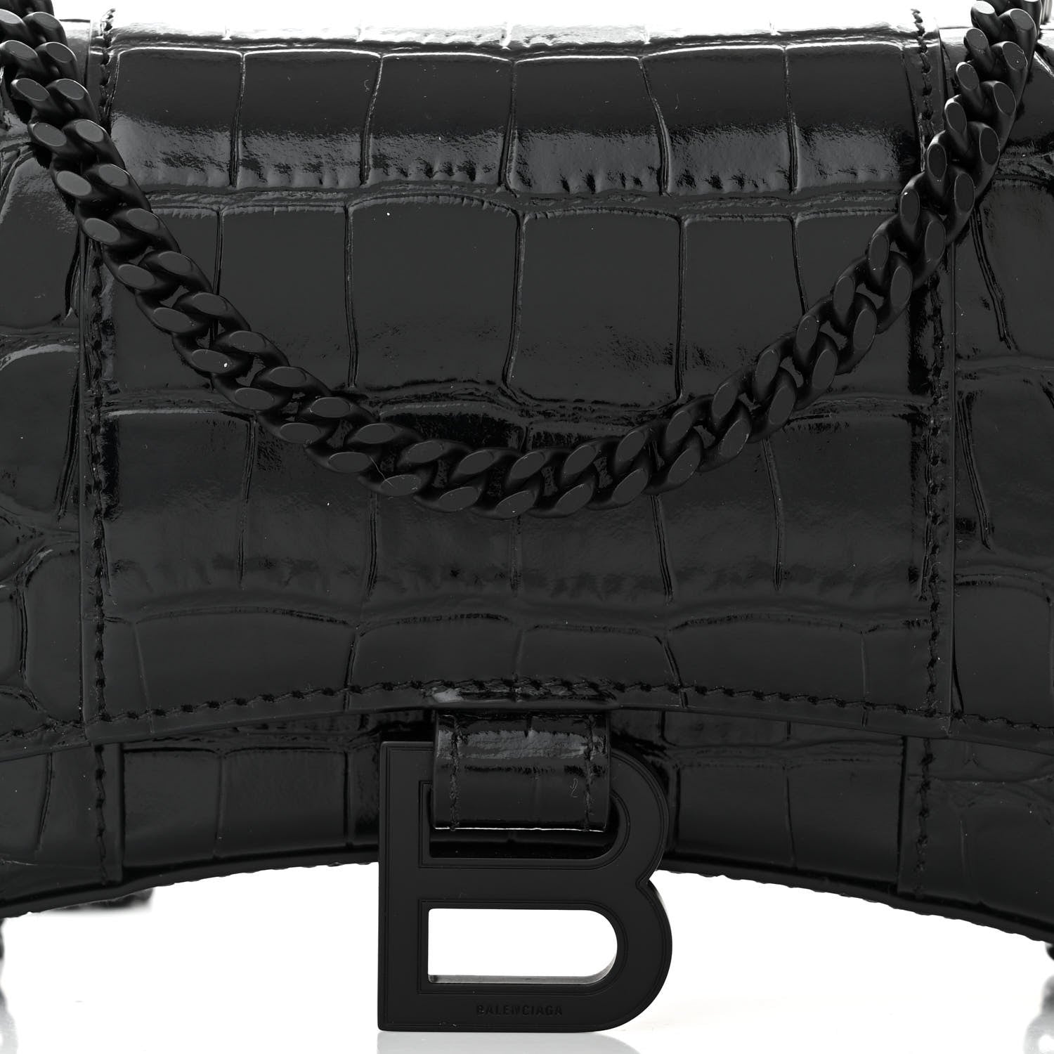 Balenciaga Shiny Calfskin Monochrome Crocodile Embossed Hourglass Chain Bag Black 7 of 9