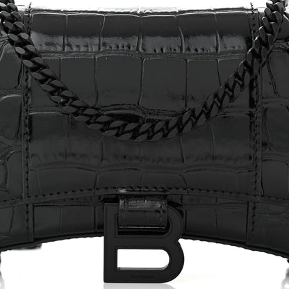 Balenciaga Shiny Calfskin Monochrome Crocodile Embossed Hourglass Chain Bag Black 7 of 9