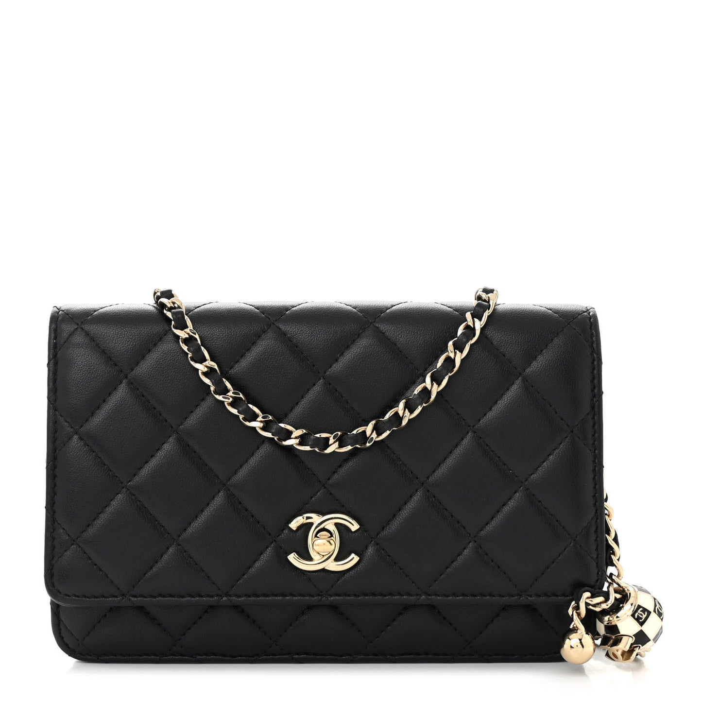 Lambskin Enamel Quilted Pearl Crush Wallet On Chain WOC Black