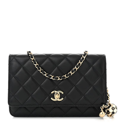 Chanel Lambskin Enamel Quilted Pearl Crush Wallet On Chain WOC Black 1 of 12