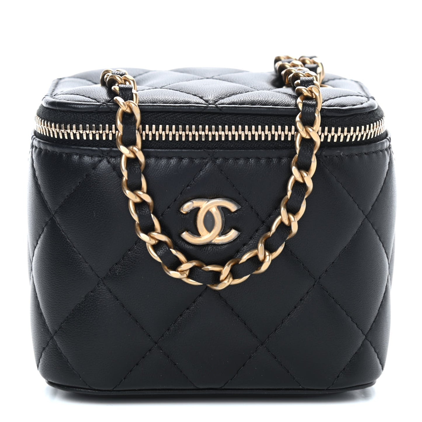 Lambskin Quilted Mini Pearl Crush Vanity Case With Chain Black