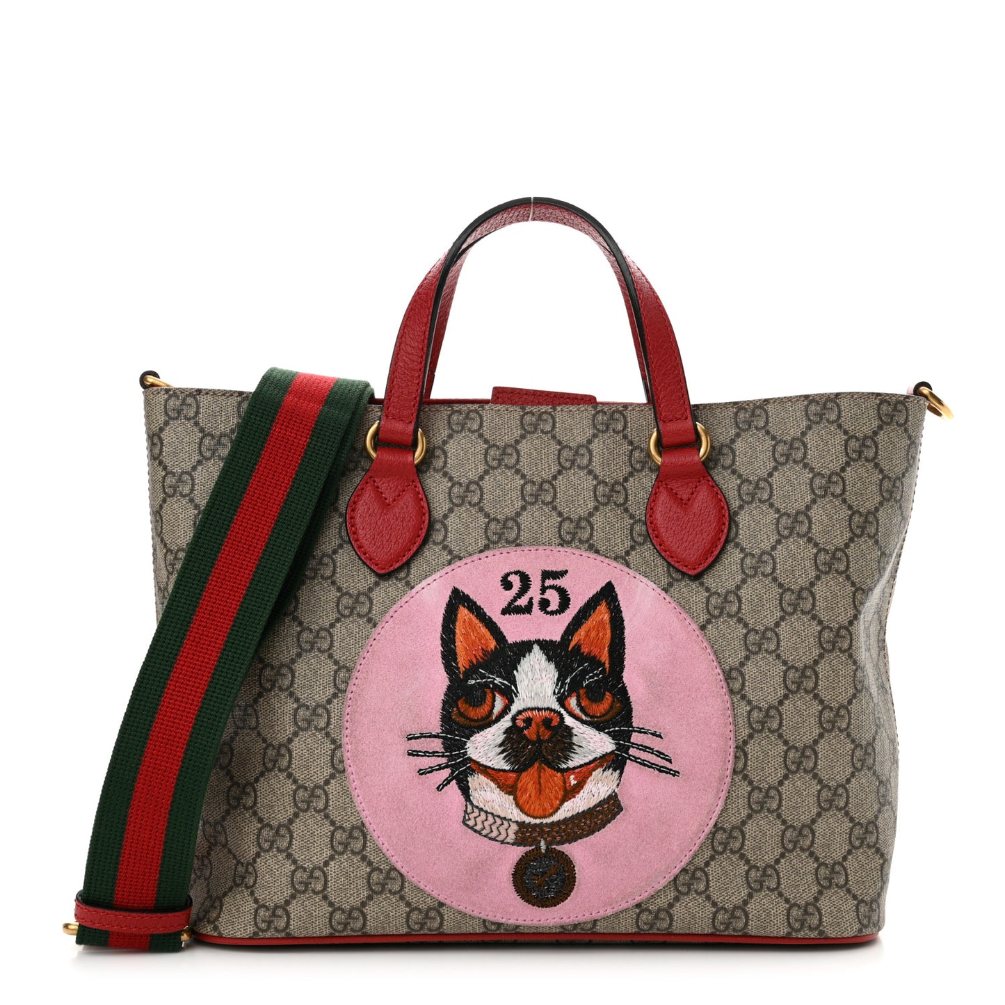 Soft GG Supreme Monogram Web Bosco Patch Small Crossbody Tote Beige Malva Hibiscus Red