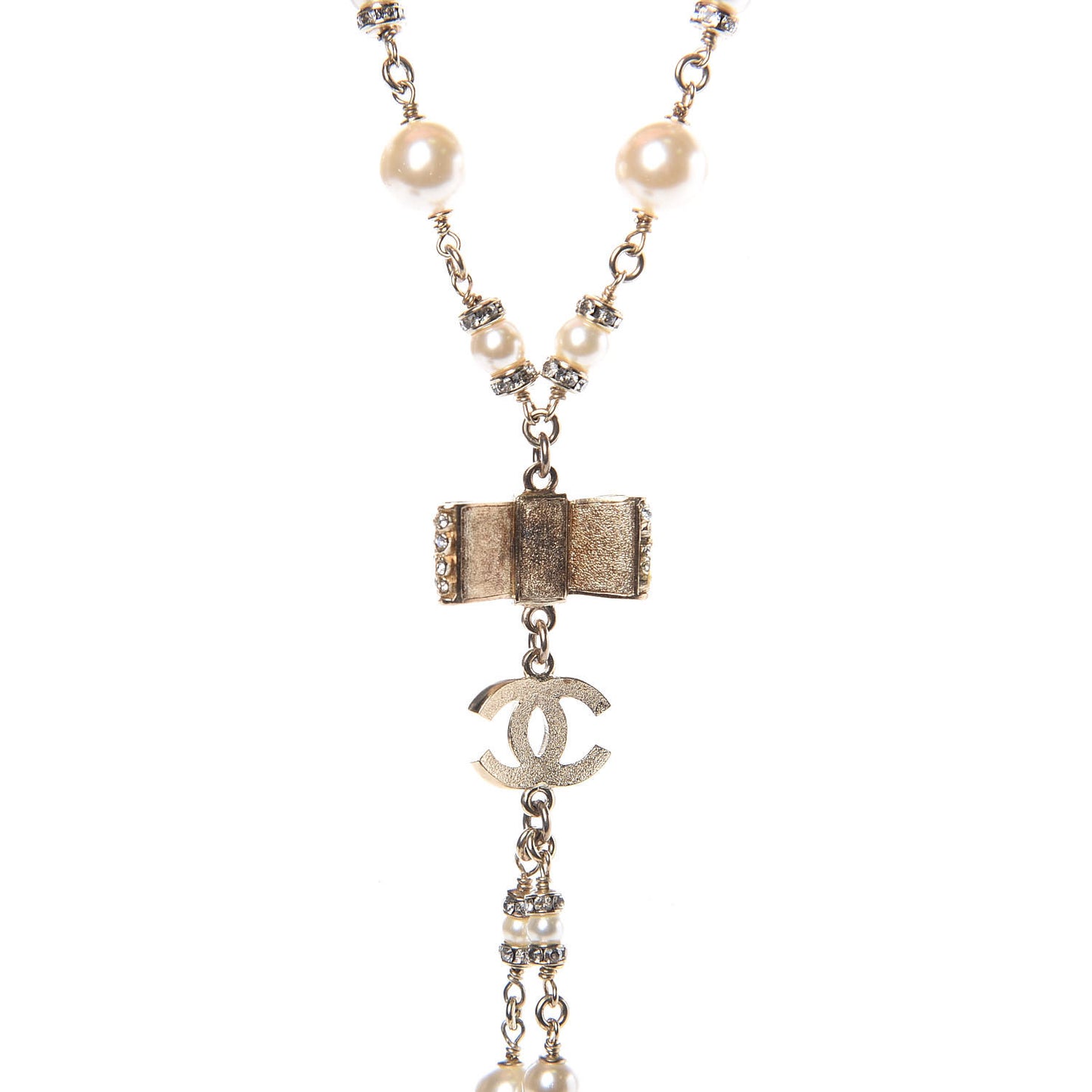 Crystal Pearl CC Bow Necklace Gold