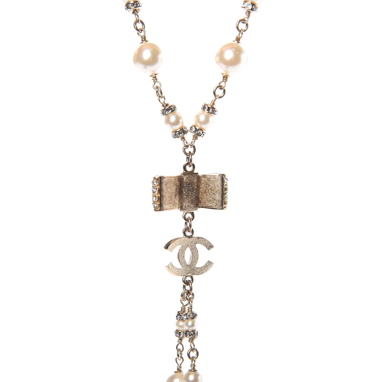 Chanel Crystal Pearl CC Bow Necklace Gold 7 of 7