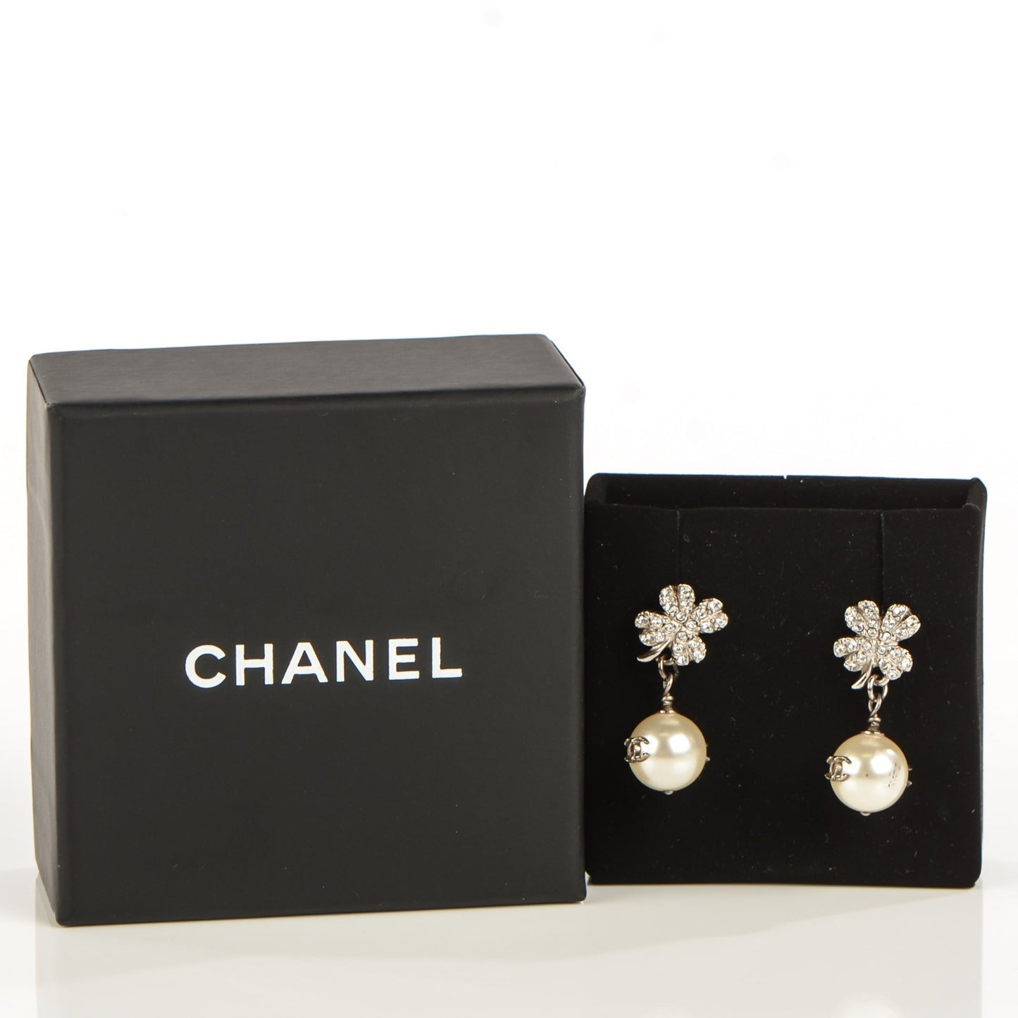 Crystal Pearl CC Clover Drop Earrings Silver