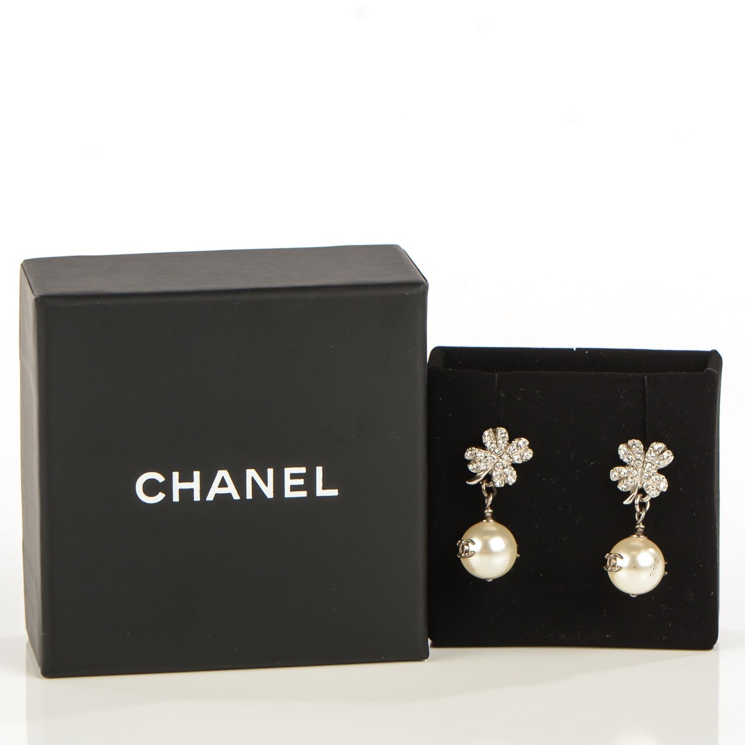 Chanel Crystal Pearl CC Clover Drop Earrings Silver 3 of 7