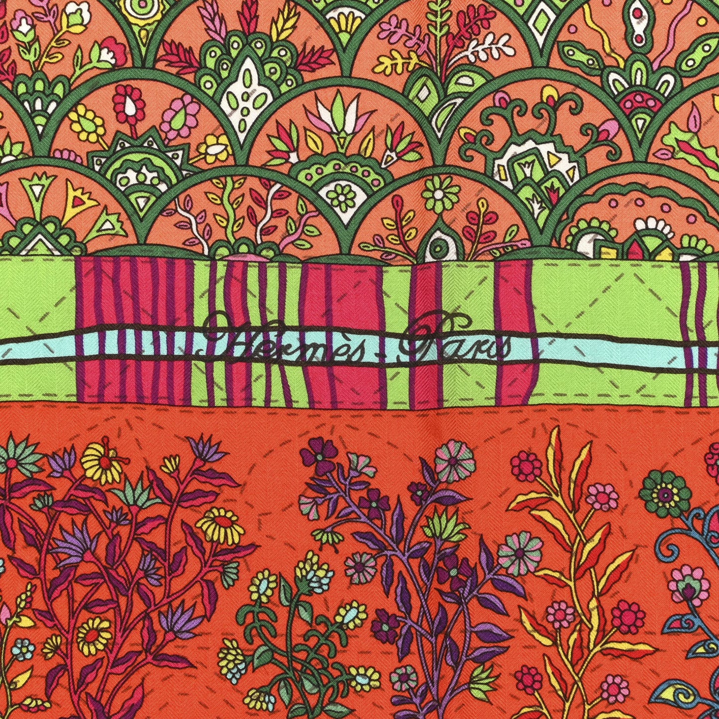 Cashmere Silk Pique Fleuri de Provence Shawl 140 Rouge Orange Turquoise