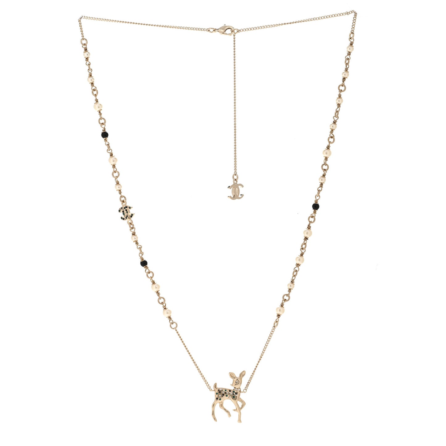 Pearl Crystal CC Deer Long Necklace Gold Green