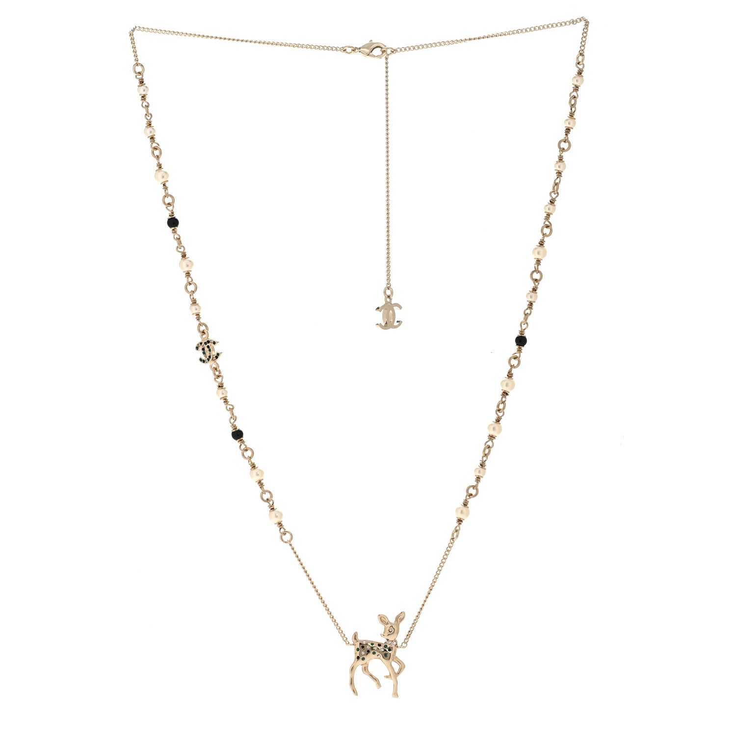 Chanel Pearl Crystal CC Deer Long Necklace Gold Green 3 of 6