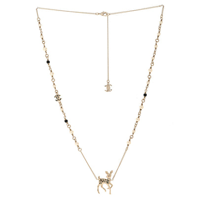 Chanel Pearl Crystal CC Deer Long Necklace Gold Green 3 of 6