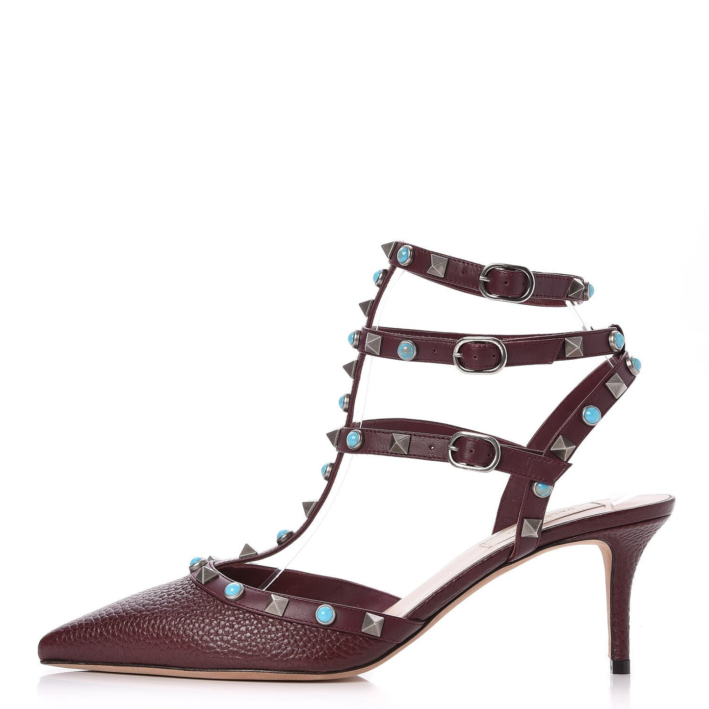 Pebbled Calfskin Turquoise Rockstud Rolling Ankle Strap 65mm Pumps 39 Rubin
