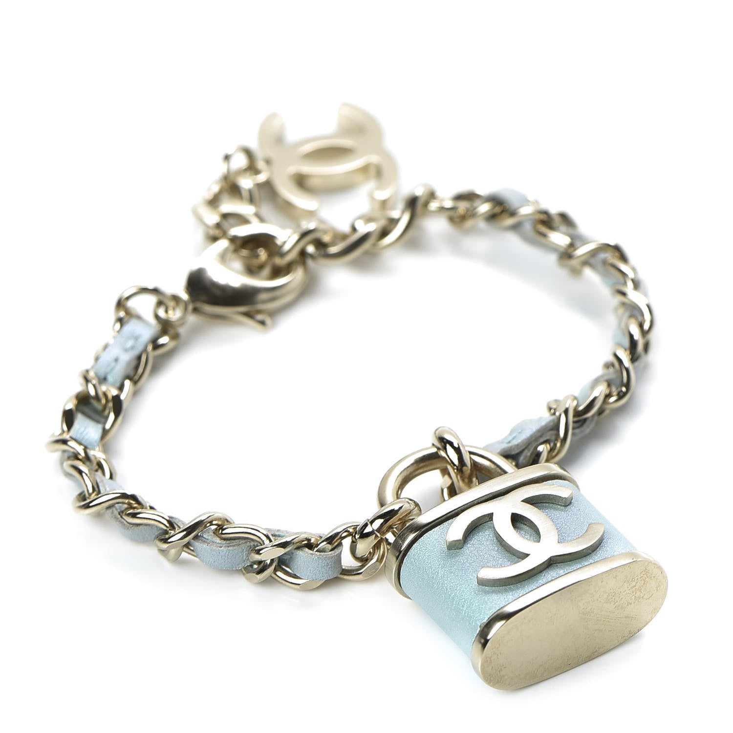 Chanel Metal Iridescent Lambskin Lock Bracelet Gold Light Blue 1 of 6