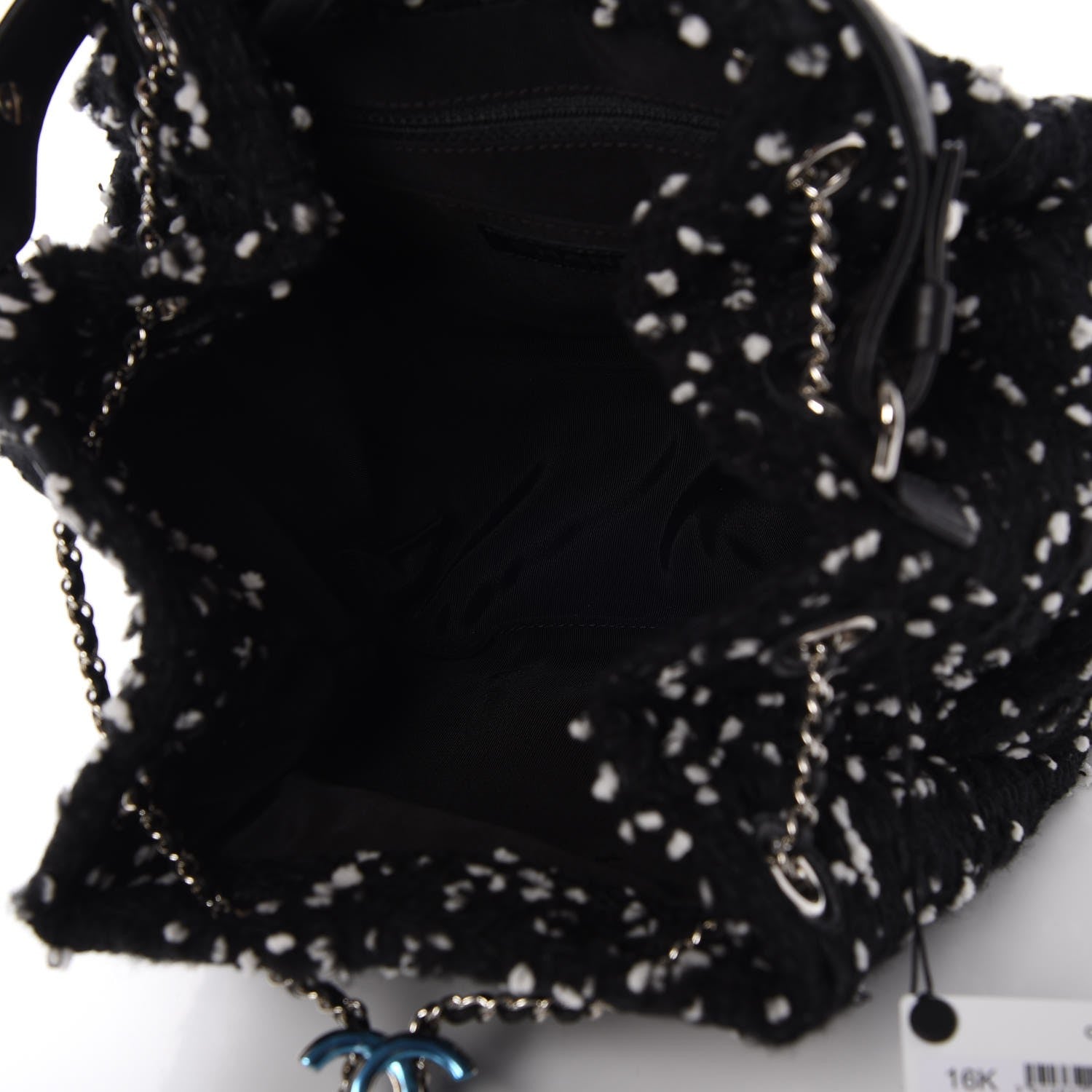 Chanel Calfskin Tweed Medium CC Chain Bucket Drawstring Bag White Black 5 of 8