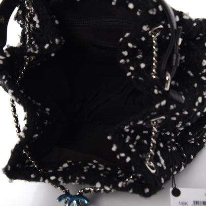 Chanel Calfskin Tweed Medium CC Chain Bucket Drawstring Bag White Black 5 of 8