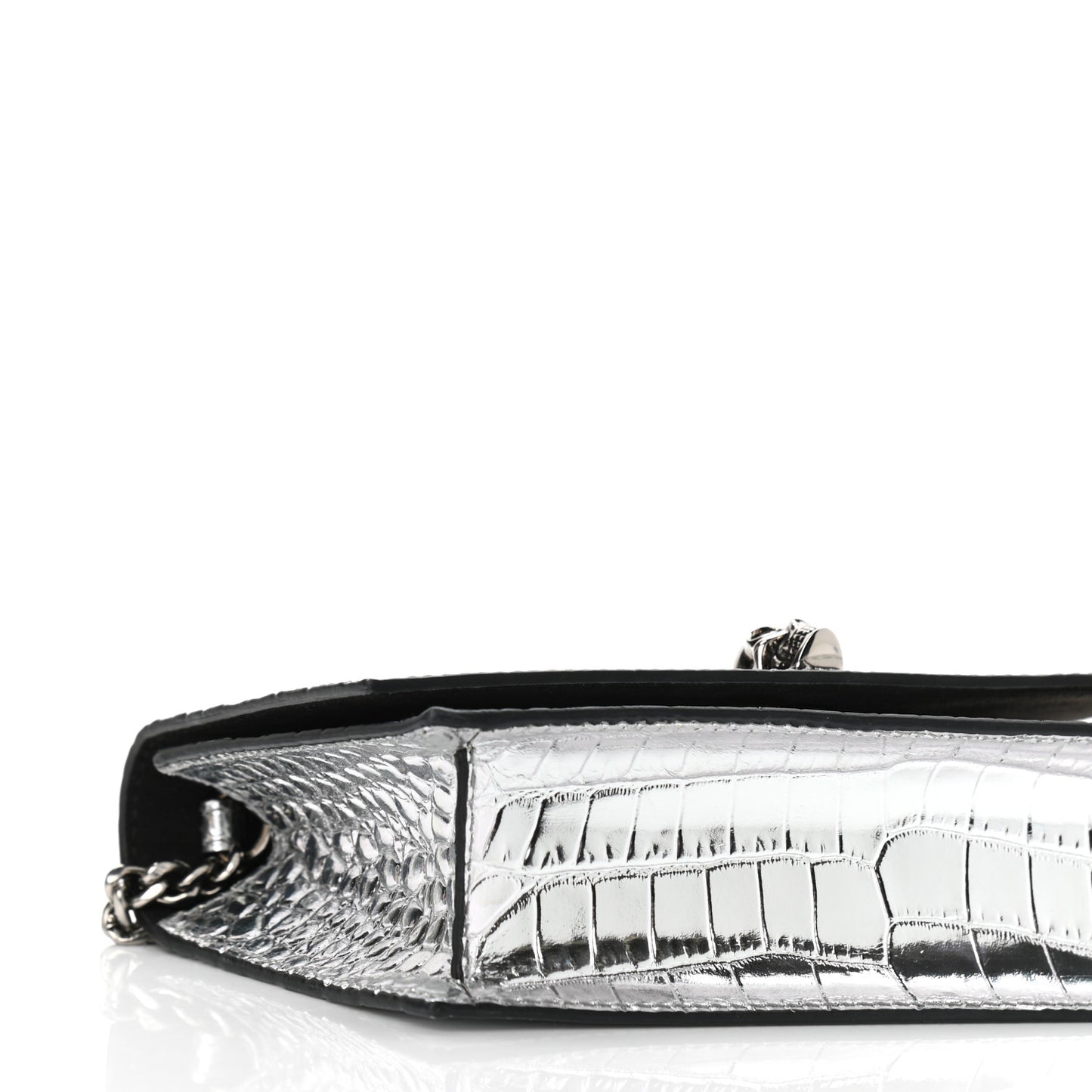Metallic Calfskin Crocodile Embossed Skull Mini Shoulder Bag Silver