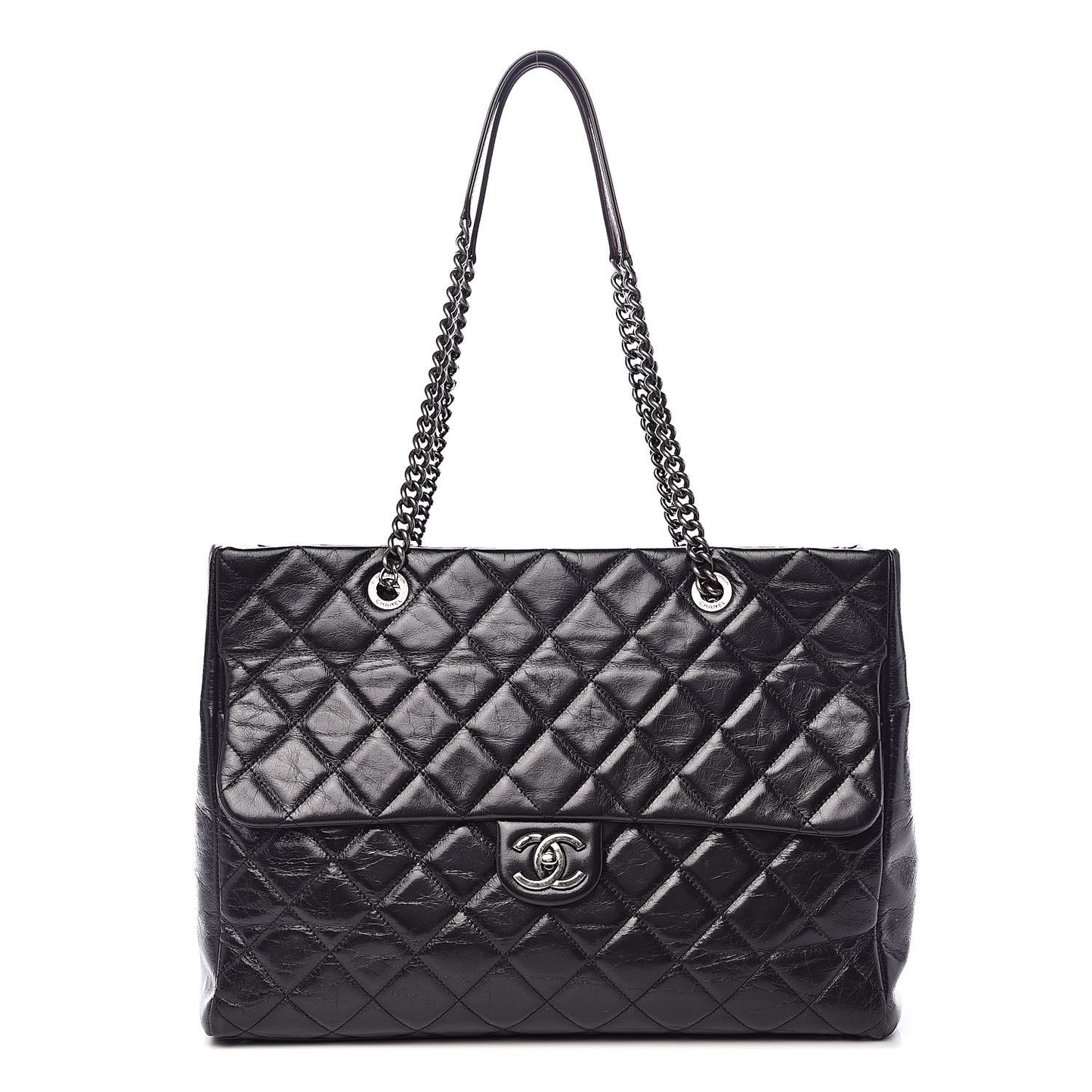 Glazed Calfskin Quilted Large Duo Color Tote Black