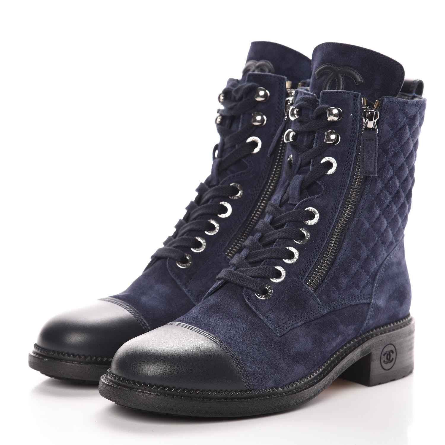 Chanel Suede Calfskin Quilted Lace Up Boots 37.5 Navy 2 of 9