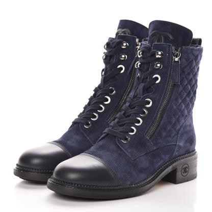 Chanel Suede Calfskin Quilted Lace Up Boots 37.5 Navy 2 of 9