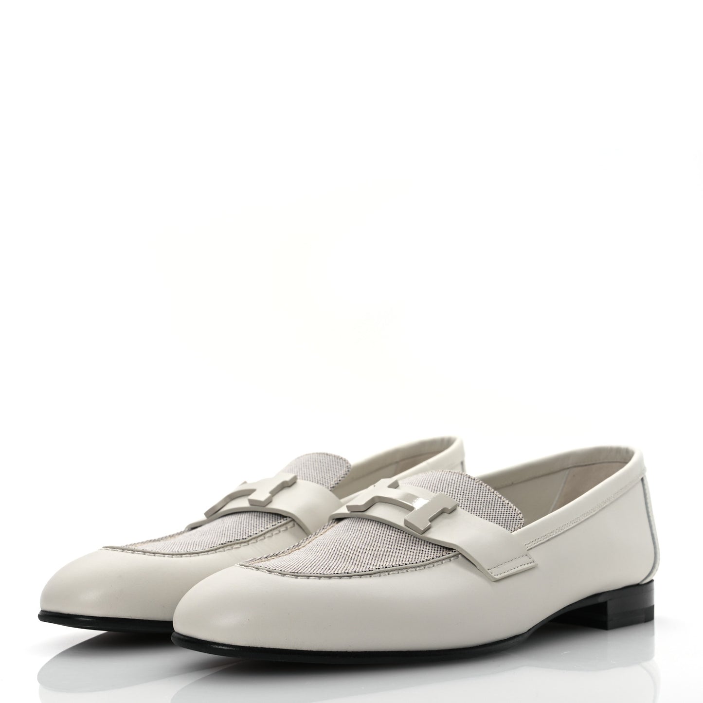Calfskin H Canvas Womens Paris Loafers 38.5 Beige Glaise Prunoir