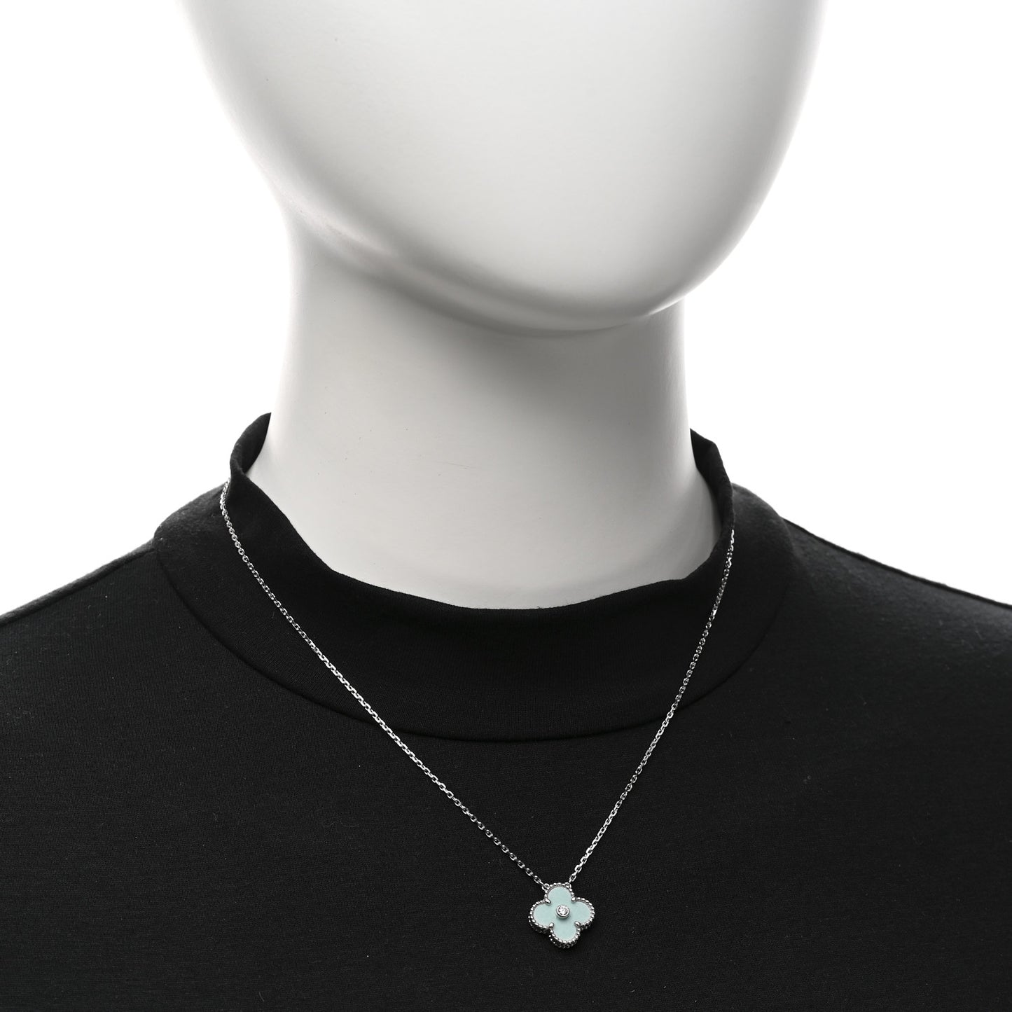 18K White Gold Diamond Celadon Green Sevres Porcelain Vintage Alhambra Pendant Necklace