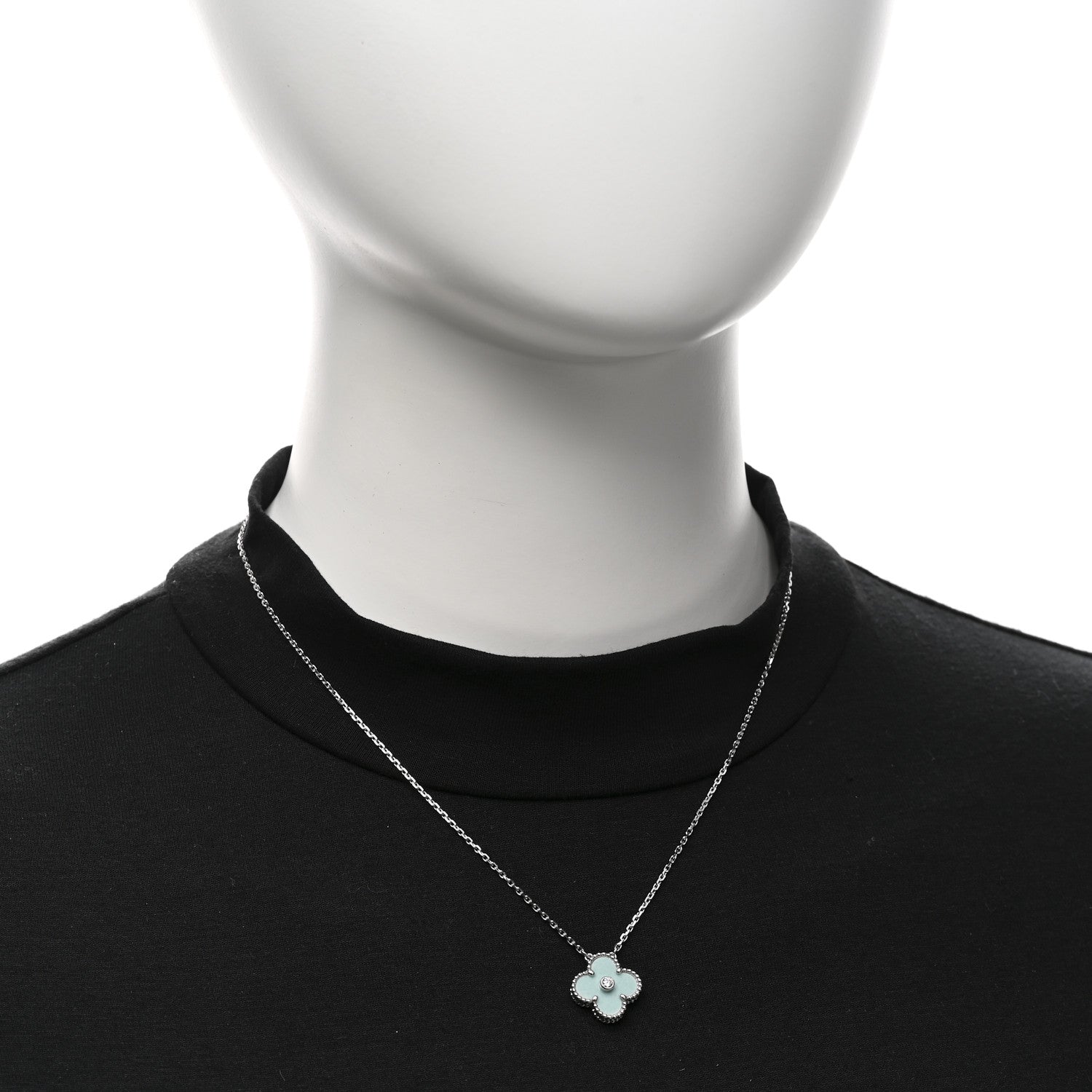 Van Cleef & Arpels 18K White Gold Diamond Celadon Green Sevres Porcelain Vintage Alhambra Pendant Necklace 2 of 6