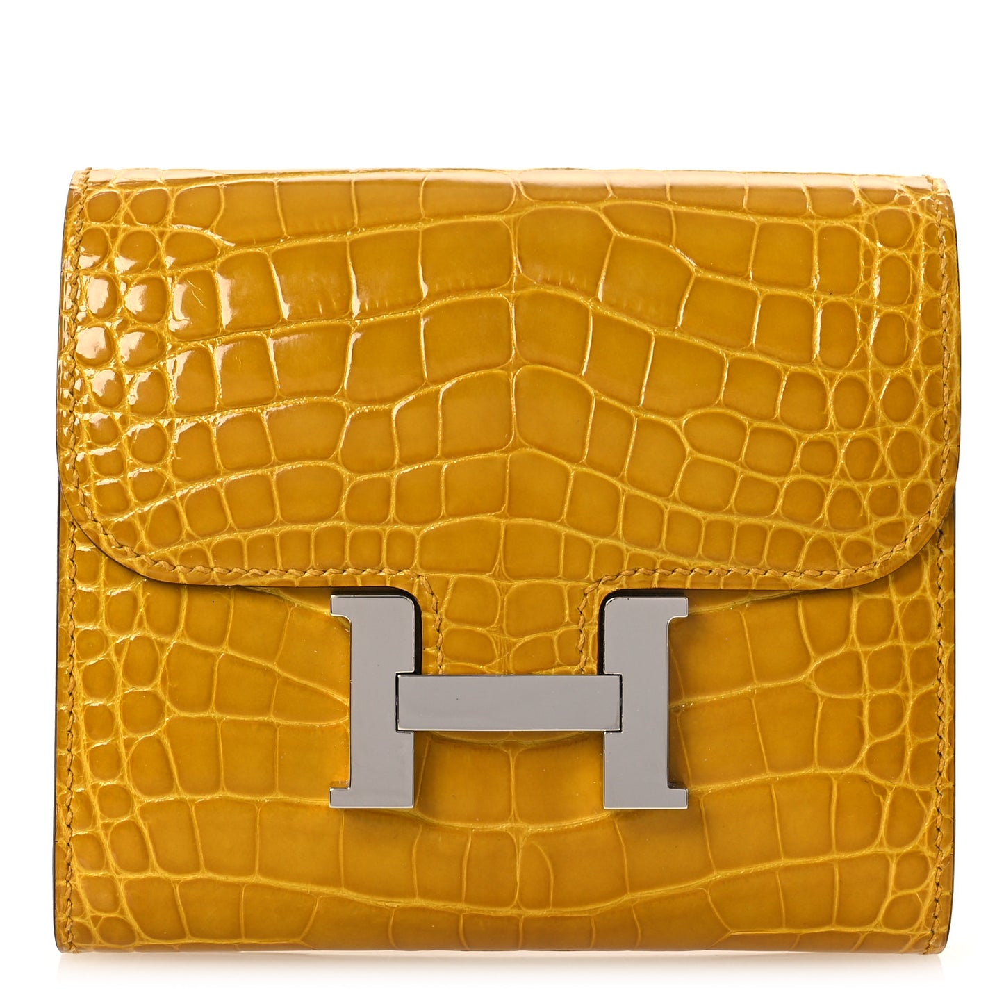 Shiny Alligator Constance Short Wallet Jaune Ambre
