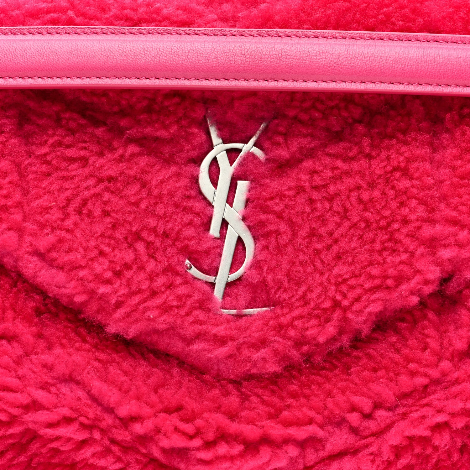 Saint Laurent Merino Shearling Lambskin Quilted Small Loulou Puffer Monogram Chain Satchel Fuchsia 7 of 9