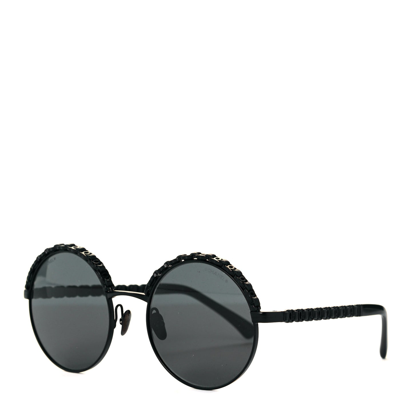 Metal Calfskin Round Chain Sunglasses 4265-Q Black