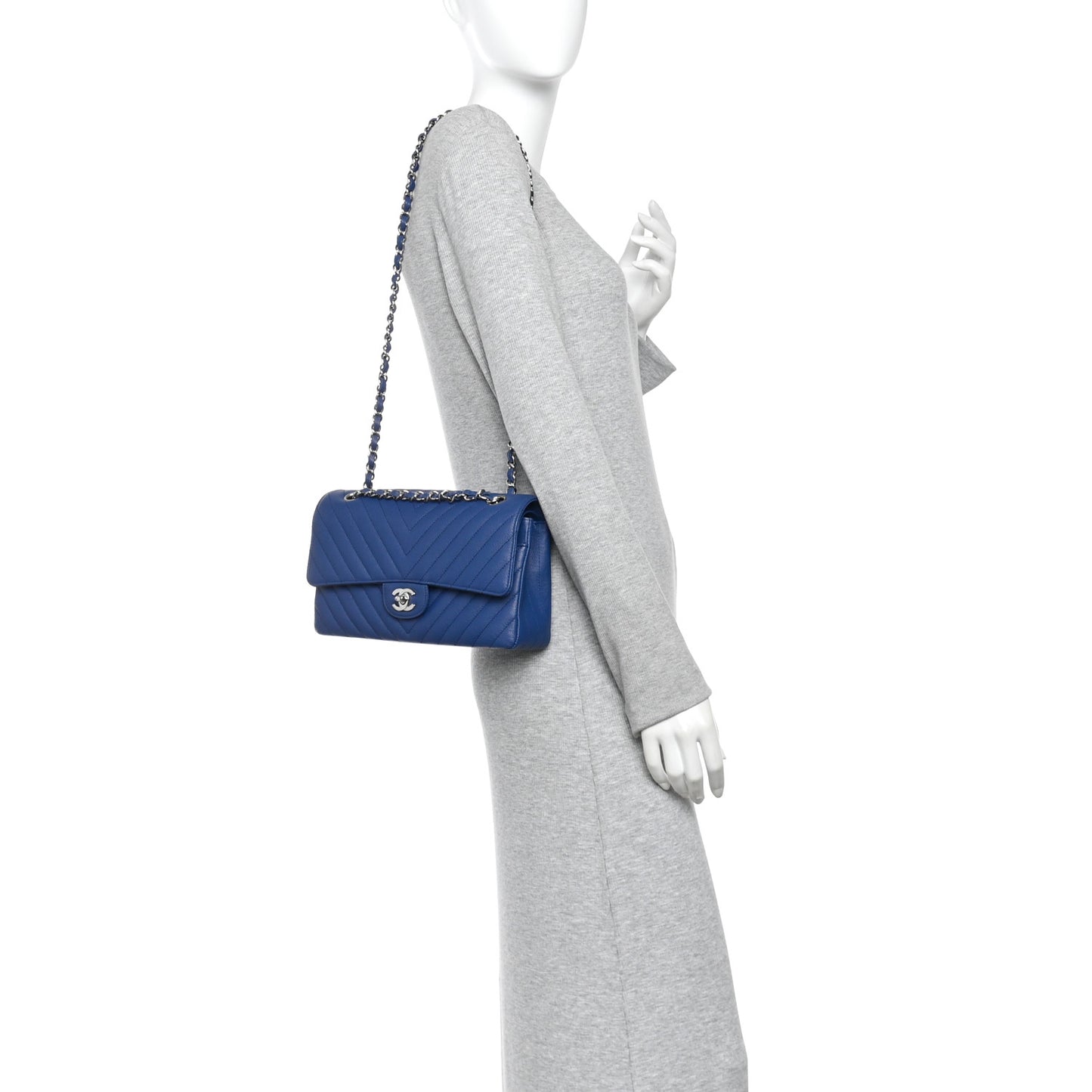 Caviar Chevron Quilted Medium Double Flap Blue