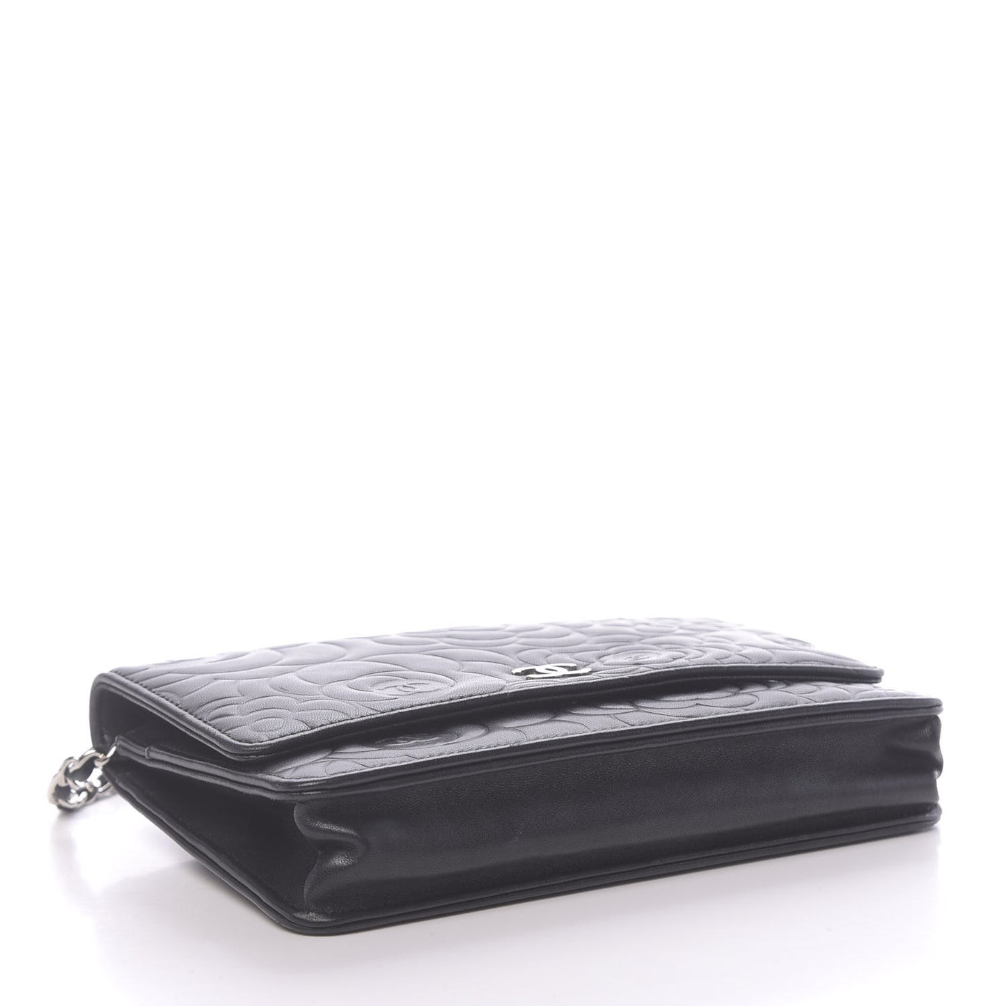 Lambskin Camellia Embossed Wallet on Chain WOC Black
