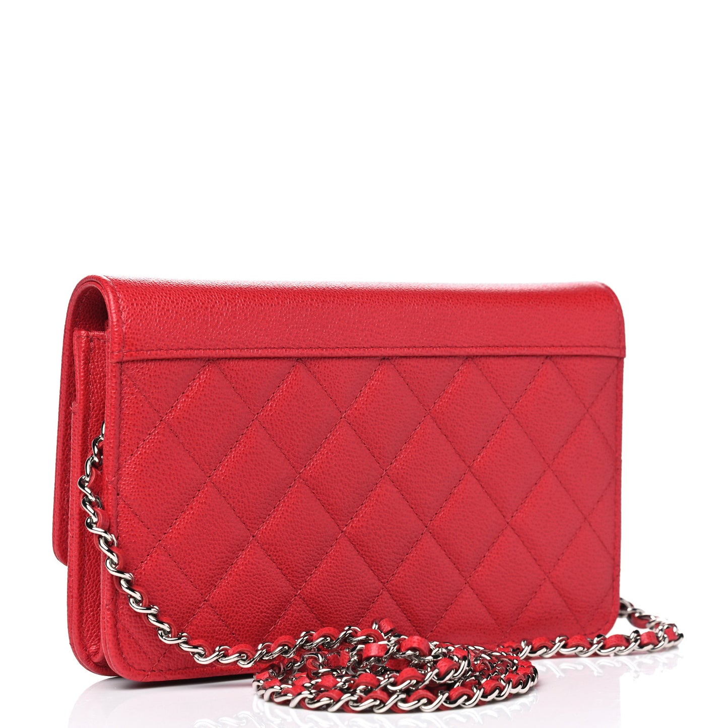 Grained Calfskin Quilted CC Box Wallet On Chain WOC Red