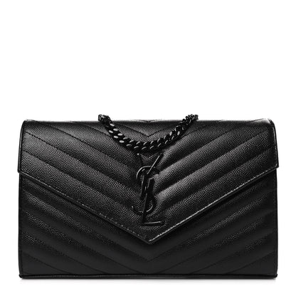 Saint Laurent Grain De Poudre Matelasse Chevron Monogram Monochrome Chain Wallet Black 1 of 10