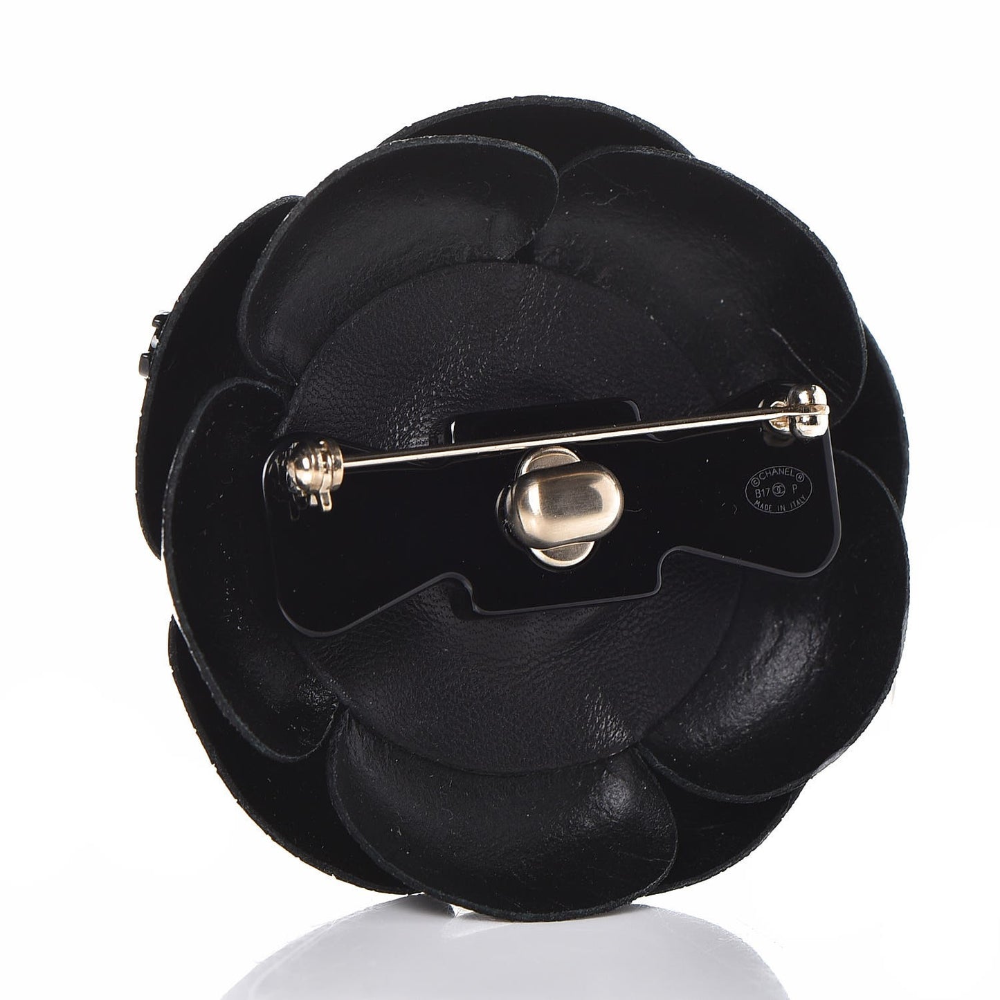 Glazed Calfskin Camellia Brooch Black