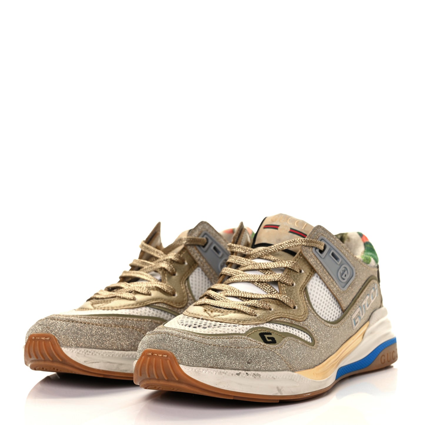 Metallic Calfskin Glitter Mesh Womens Ultrapace Sneakers 37.5 Gold