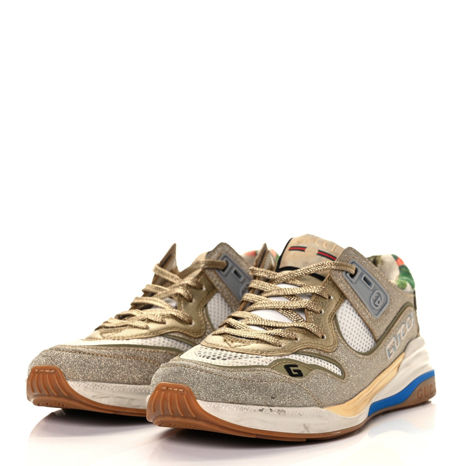 Gucci Metallic Calfskin Glitter Mesh Womens Ultrapace Sneakers 37.5 Gold 3 of 8